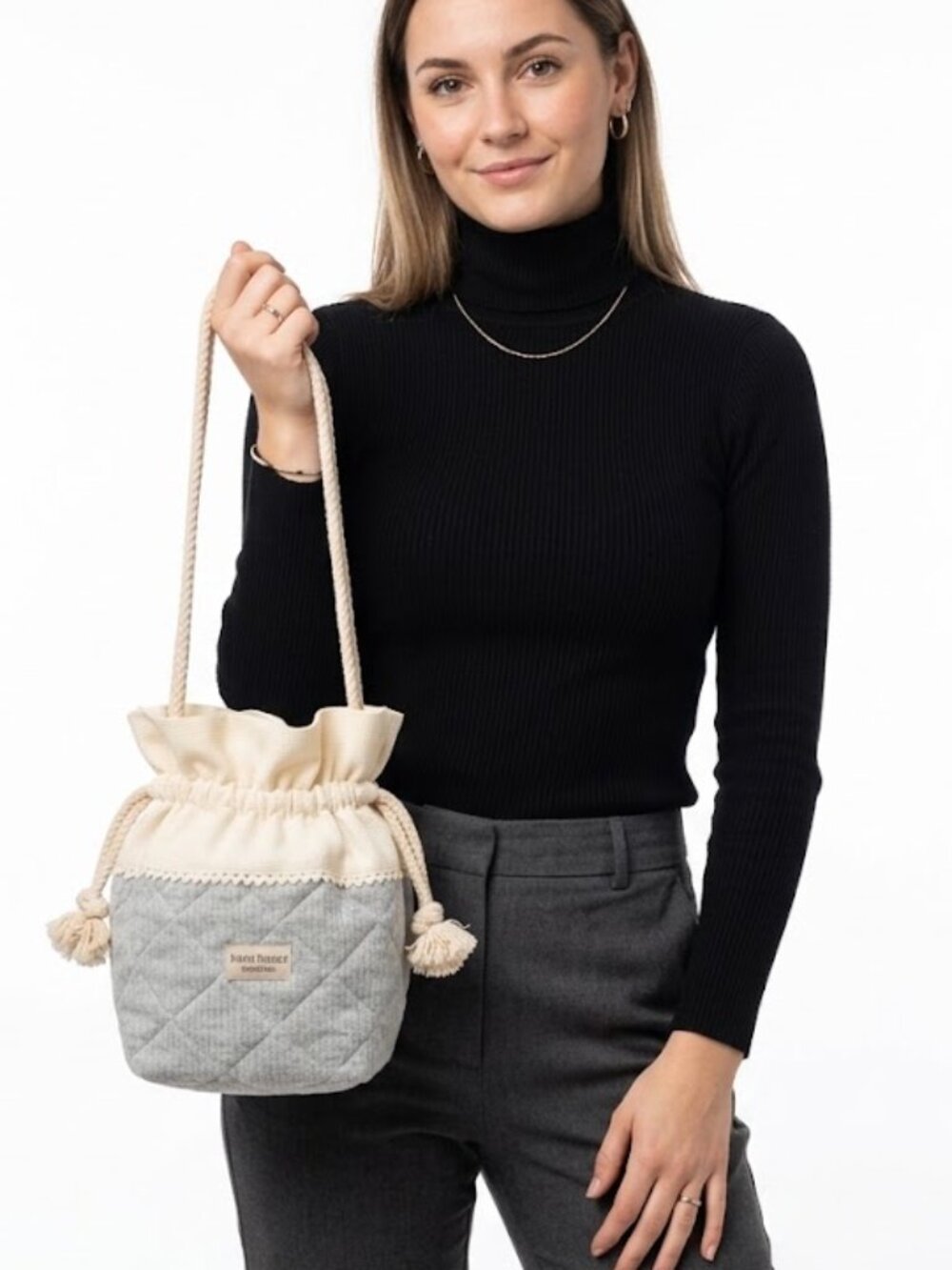 Sylvie Thiriez Creations Two‑Tone Drawstring Tote Bag Rope Pull Grey Beige OS